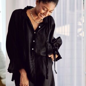 LJC Designs Black 100% Linen Kimono Mother of Pearl Button UMA Top Sz L $219